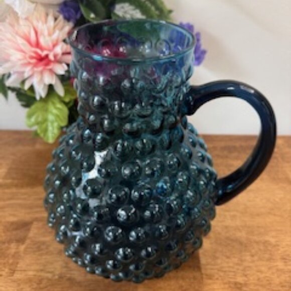 Vintage Hobnail Blue Glass Pitcher Hand Blown Cobalt Mid Century Decor - Picture 2 of 4